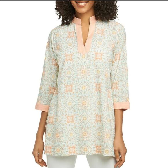 FOXCROFT Tile Print Peach & Mint Tunic Size 16 Coastal Resort Lagenlook Relaxed - Picture 1 of 5